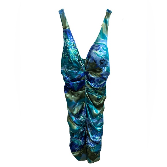 Xscape by Joanna Chen Rare Blue Green Watercolor Peacock Padded Ruched Dress 8 - Picture 1 of 7